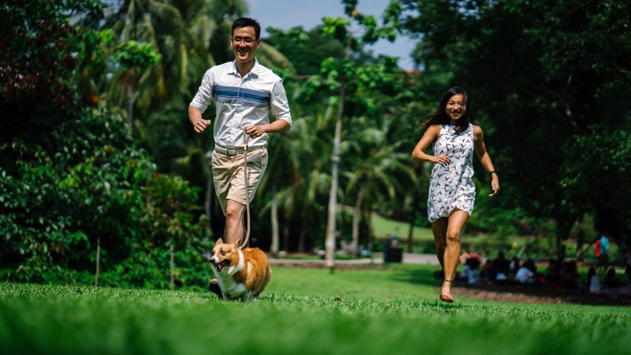 father daughter walking dog